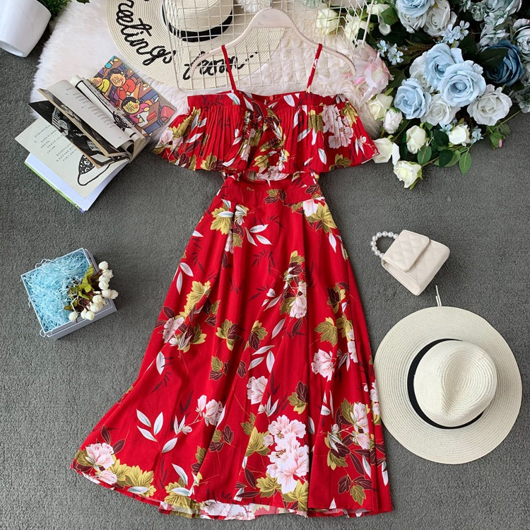 [فستان بحمالات بدون أكتاف برقبة واحدة] فستان رمضاني على الطراز العرقي العربي ذو ثنيات على شاطئ البحر لقضاء العطلات والترفيه فستان مطبوع يناسب الجميع