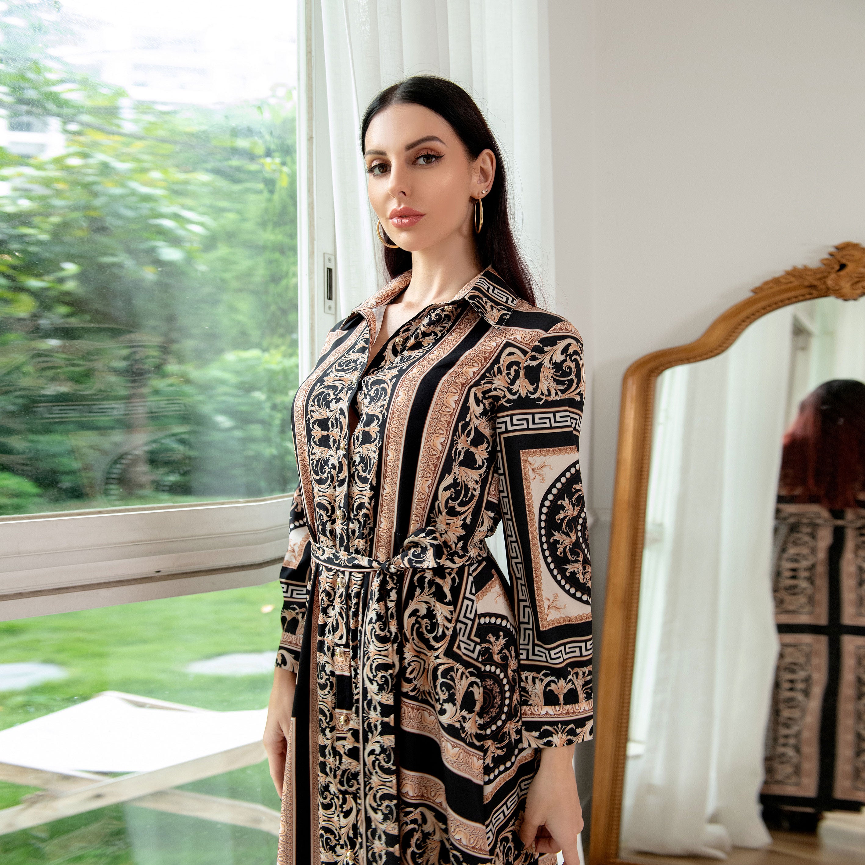 Southeast Asian Ethnic Print Shirt Dress for Women Autumn 2021 Middle East European and American Arabic Oman Muslim Clothing New