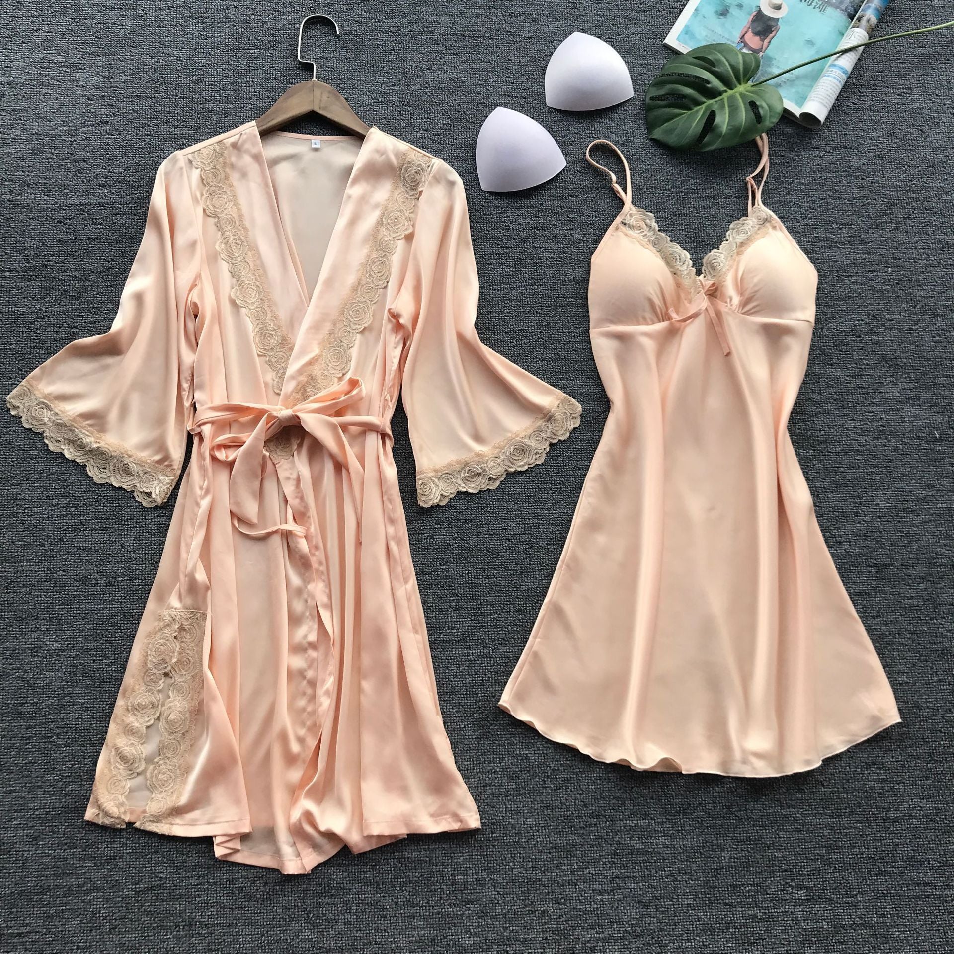 Sexy Ladies Pajamas Lace Temptation Sling Nightdress + Long Sleeve Bathrobe Bathrobe Home Service Set