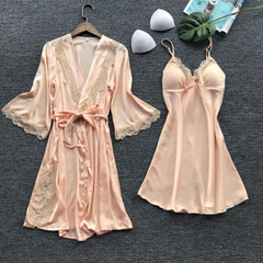 Sexy Ladies Pajamas Lace Temptation Sling Nightdress + Long Sleeve Bathrobe Bathrobe Home Service Set