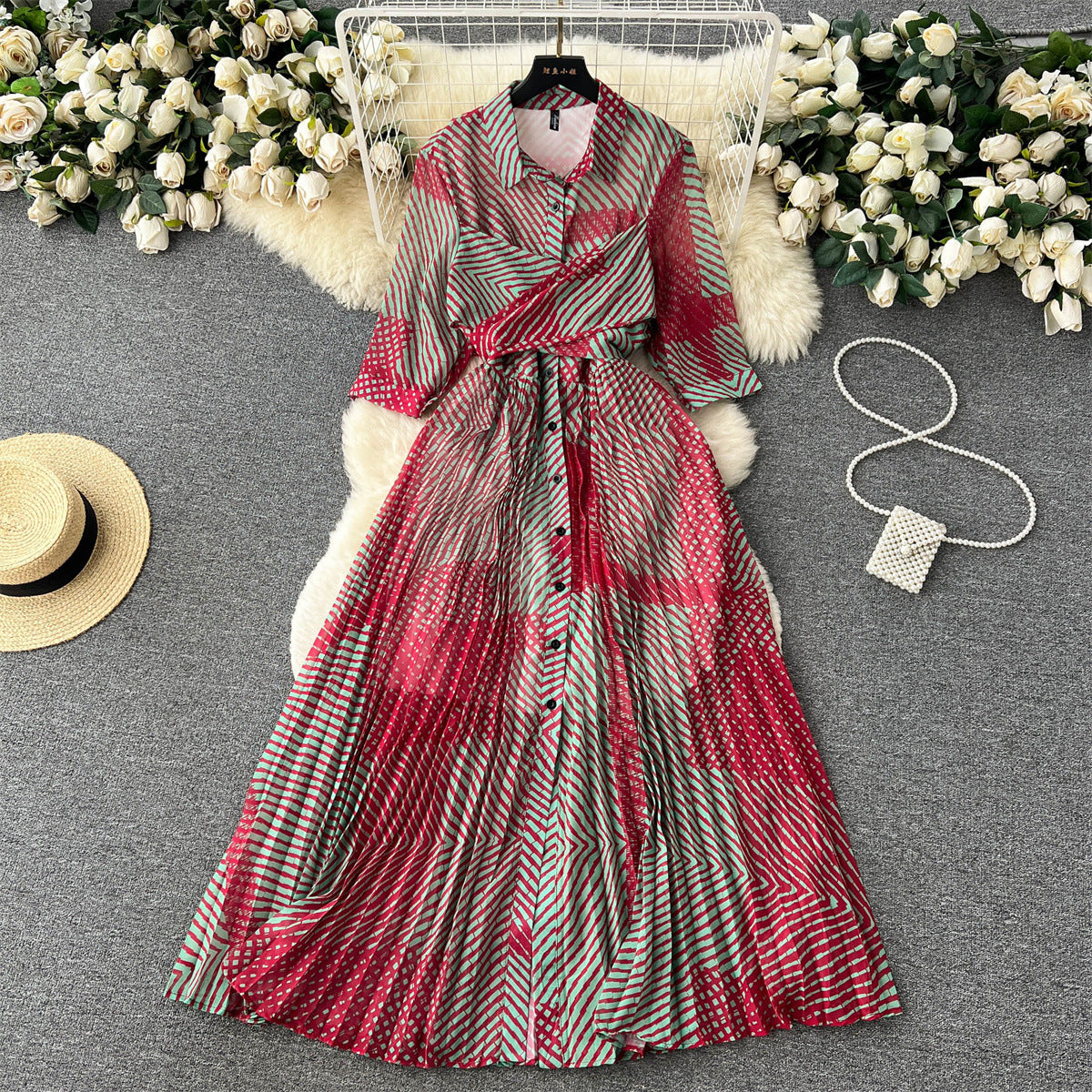 French style high-end five-quarter-sleeve printed color-blocking shirt dress female niche waist slimming temperament pleated long skirt