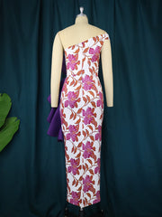 AOMEI Purple Dress Printed Patchwork One Shoulder Ruffles Bodycon Women Evening Birthday Party Event Gowns Large