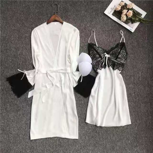 QSROCIO Women's Pajamas Robe Set Sexy Lace Sling Dress  Nightgown Silk Like Homewear Elegant New Sleepdress