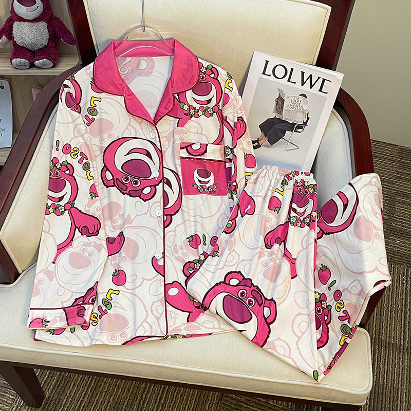 Spring and autumn long-sleeved pajamas female cardigan suit strawberry bear  milk silk home service