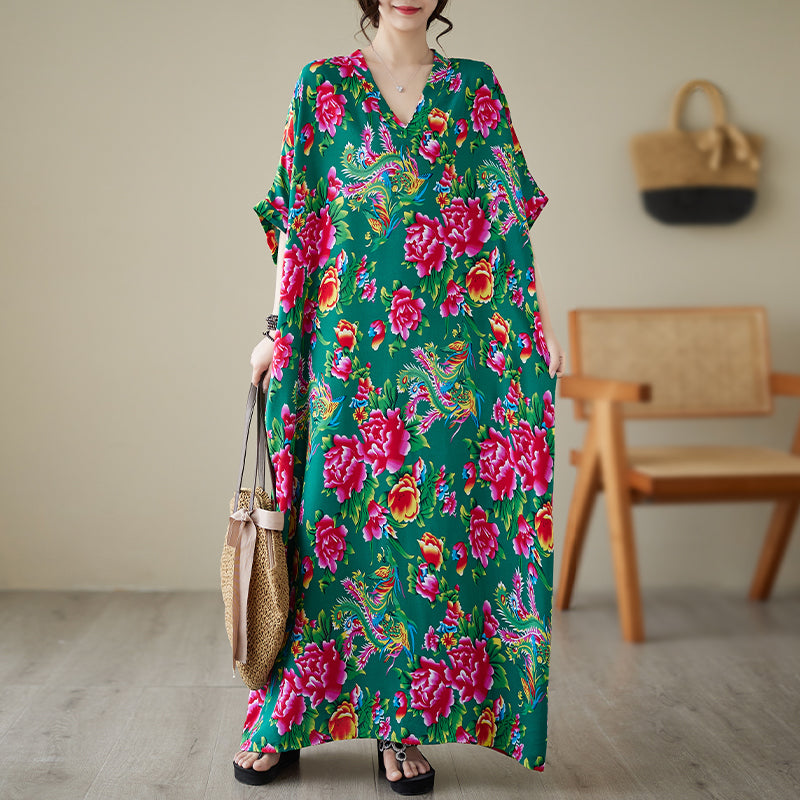 Women's summer V-neck cotton silk large size loose literary holiday style beach dress retro meat-covering long robe