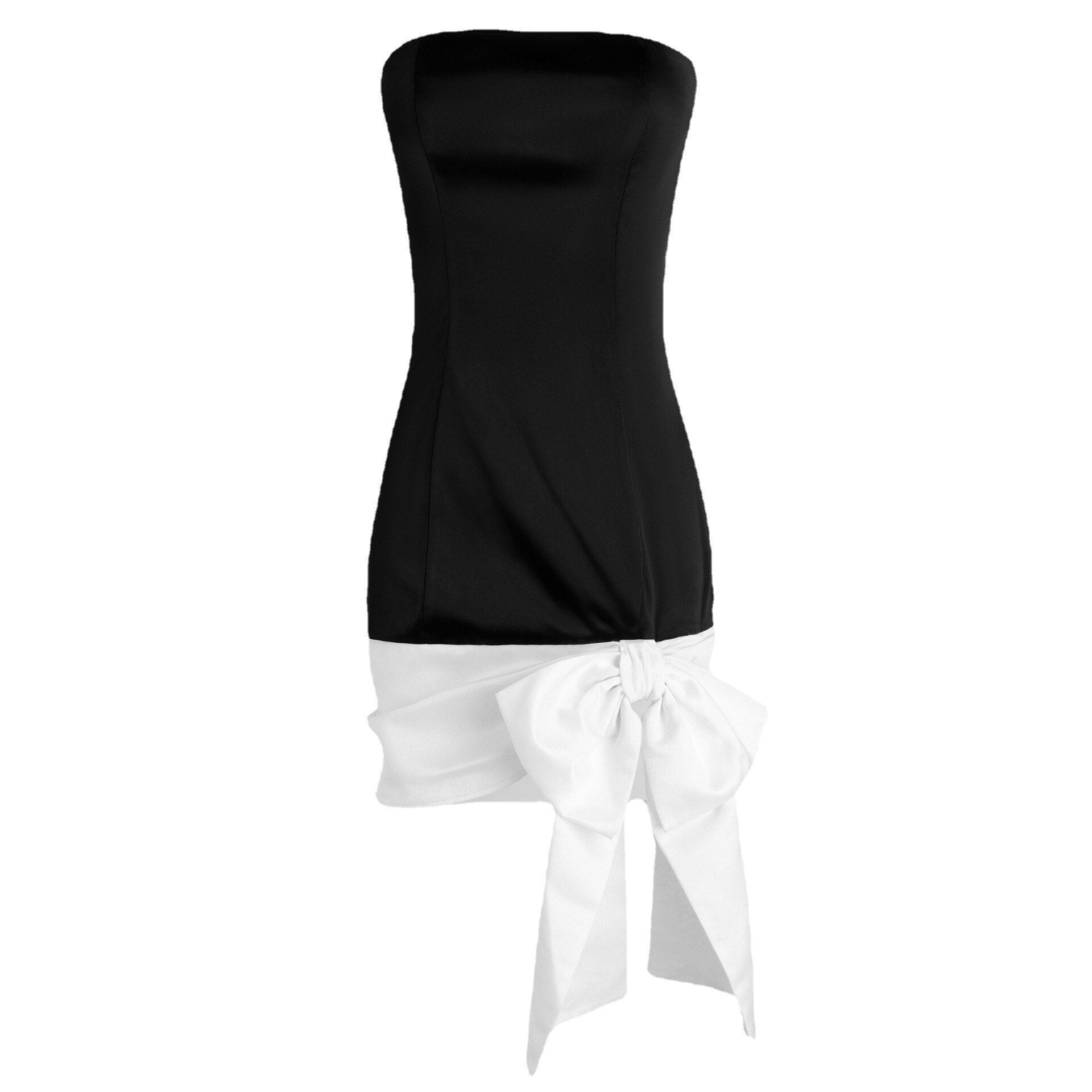 فستان مثير بدون حمالات بدون أكمام ورقبة مائلة بدون ظهر فستان قصير للحفلات المسائية للنساء أنيق مرقع بفيونكة كبيرة فستان ضيق ضيق