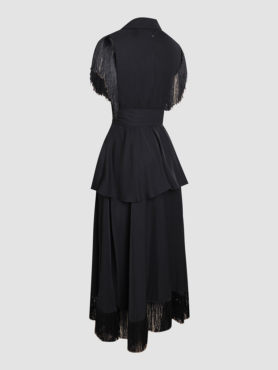 Black Elegant Satin V-Neck Fringed Hem Dress