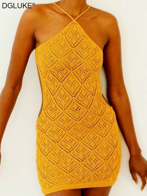 Geometric Print Halter Bodycon Dress Sexy V-Neck Backless Mini Dress Fashion Knitted Short Summer Dress Women 2022