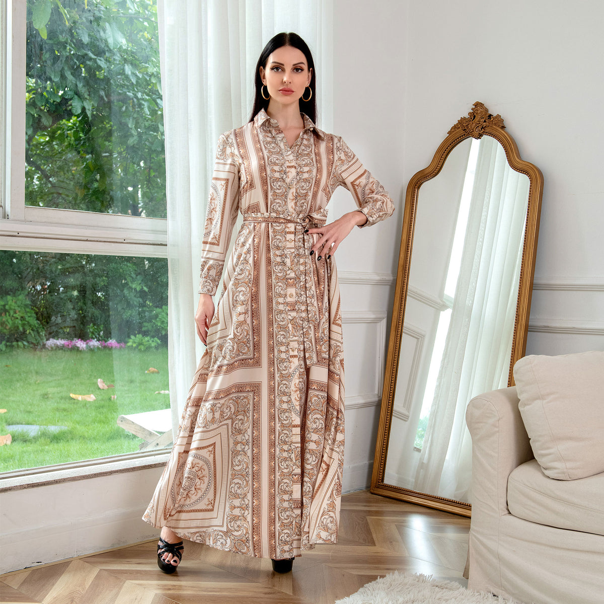 Southeast Asian Ethnic Print Shirt Dress for Women Autumn 2021 Middle East European and American Arabic Oman Muslim Clothing New