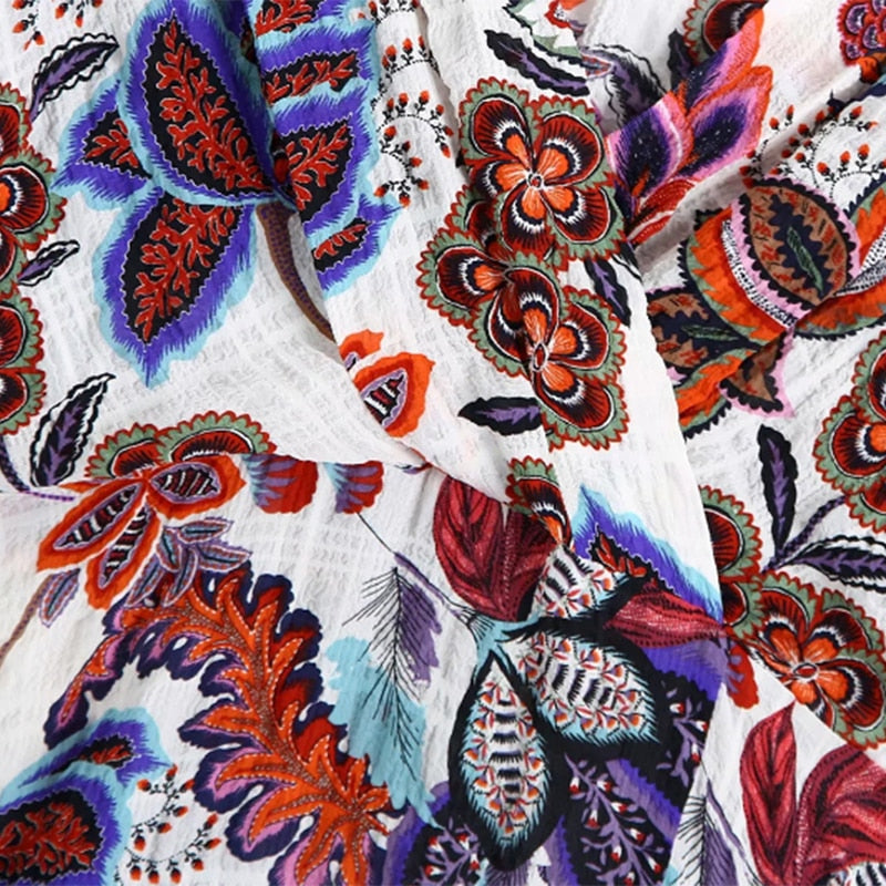 Women Boho Style Floral Printed Midi Dresses V Neck Short Sleeve Vintage Dresses Female Elegant A Line Party Dress