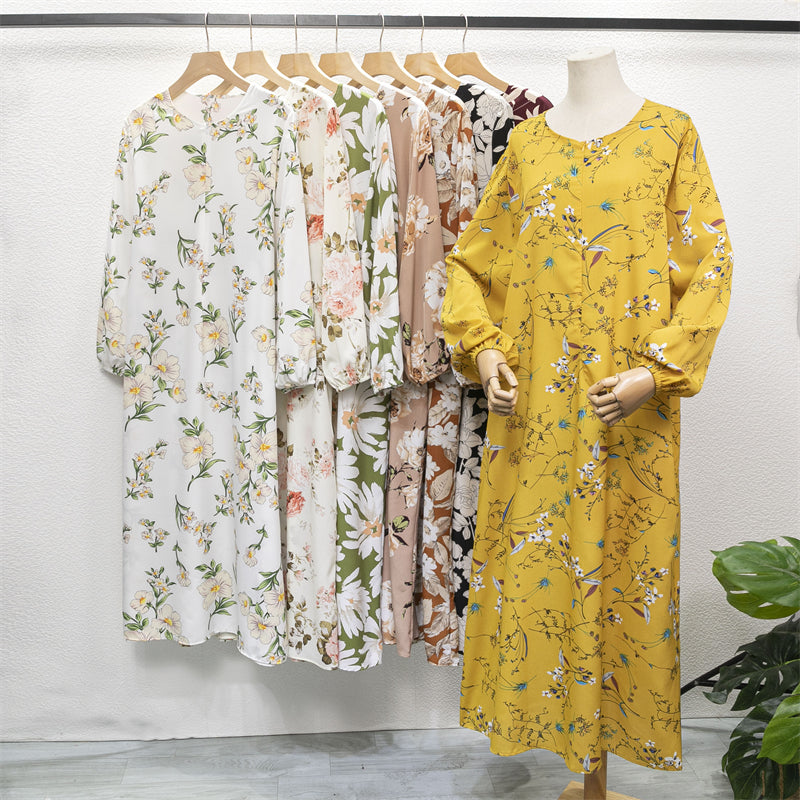 Spring Summer Muslim Dresses Full Sleeve Printed Floral Casual Long Loose Chiffon Dress Women Maxi Dresses With Pocket Mujer Vestidoes