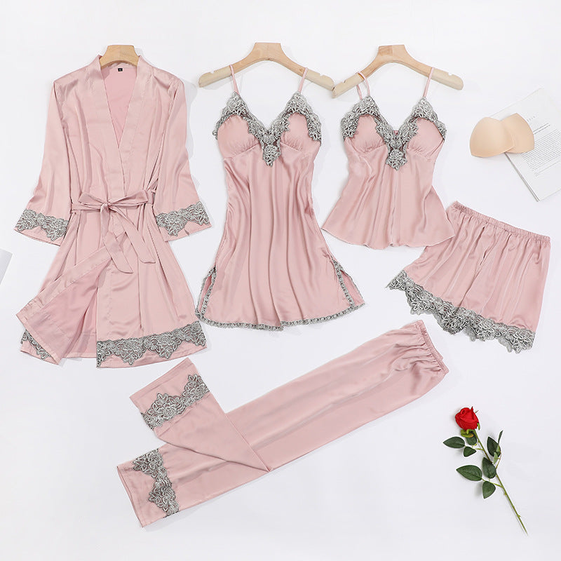 Five-piece pajamas women's summer thin ice silk suspender nightdress nightgown set