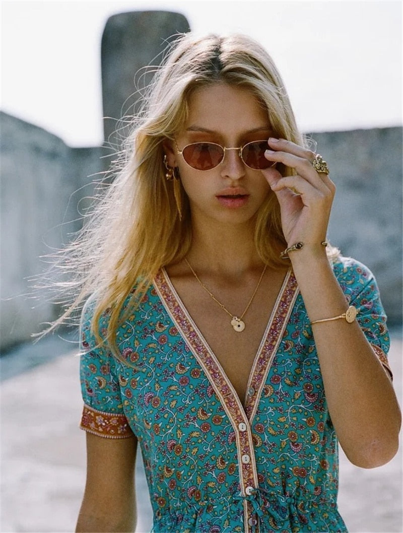 الربيع الصيف بوهو حزام الأزهار طباعة فستان طويل عالية الخصر الخامس الرقبة واحدة الصدر عطلة ميدي فستان امرأة 