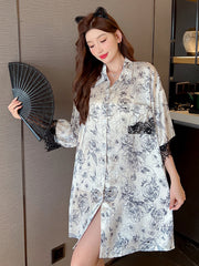 Ice Silk Shirt Dress Summer Thin Cardigan Lapel Print Short Sleeve Mid-Sleeve Nightdress