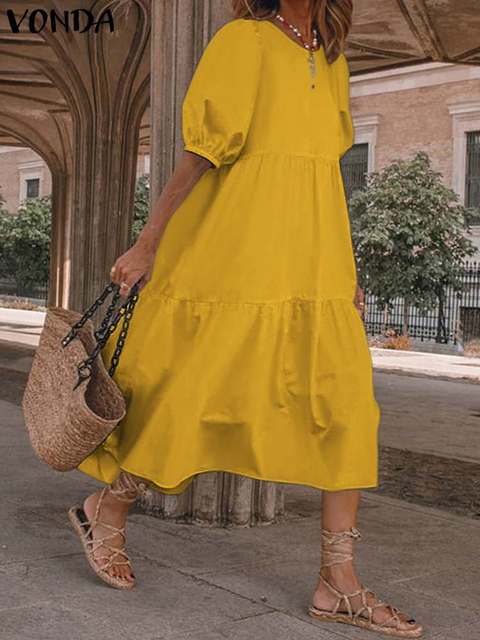 Summer Dresses Vintage Lantern Sleeves Mid Calf Dress Beach Boho Women Summer 2023 Casual Vest Oversized Robe