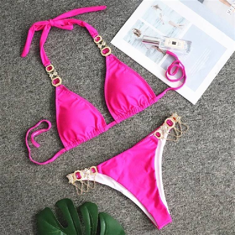 Sports Bikini Crystal Diamond Bandage Red Split Female Swimsuit High Waist Two piece Pure Color Halter Bikini