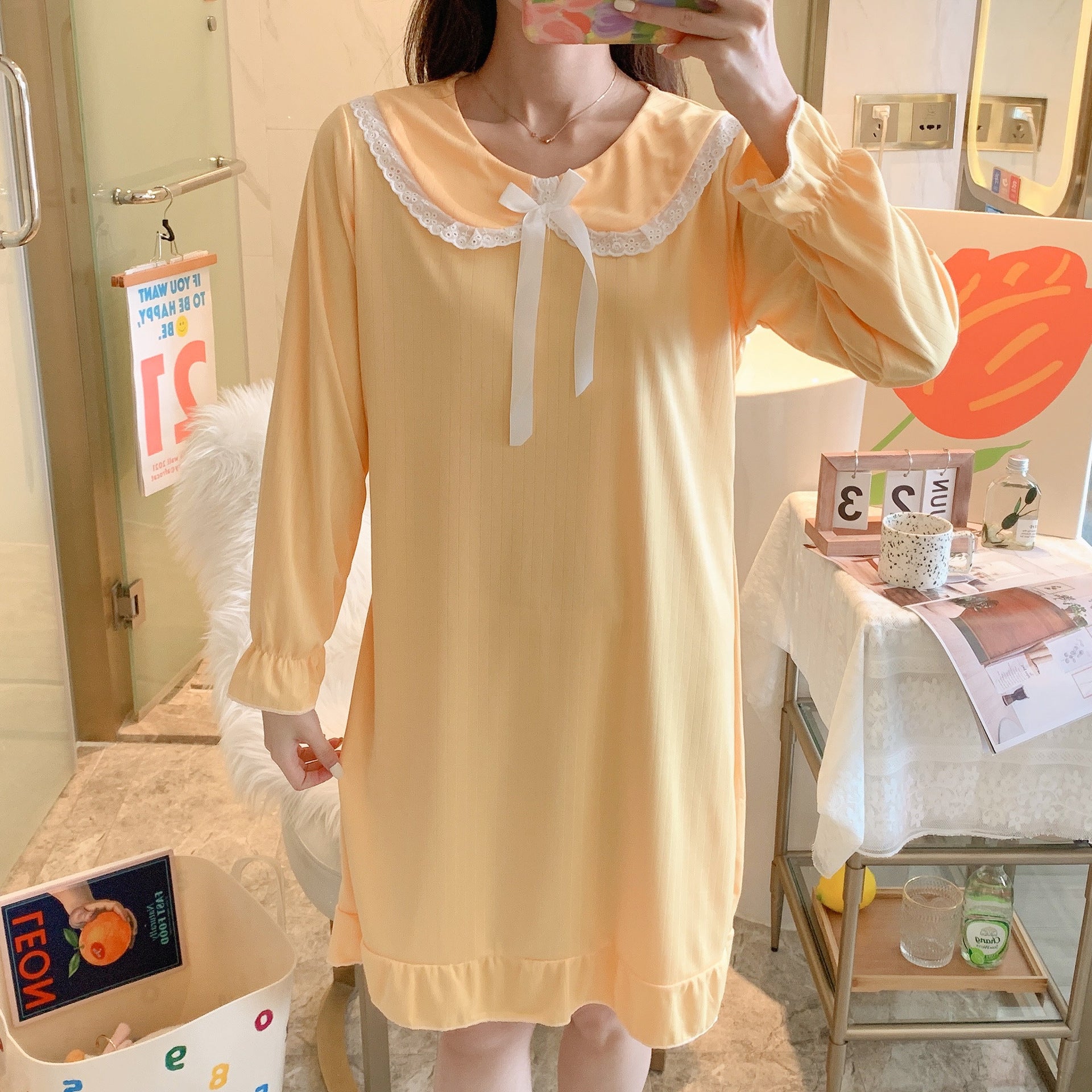 Long-sleeved nightdress over the knee  wind pajamas female spring and autumn  court doll collar Korean  style home service
