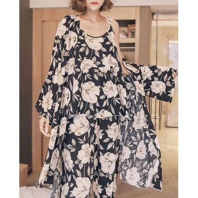 طقم ملابس منزلية للسيدات يابانيات مكون من ثلاث قطع حزام طباعة نباتي غير رسمي + بنطلون + طقم بيجامة للسيدات ثوب نوم
