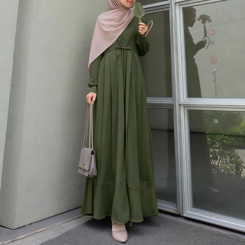 ZANZEA Ms. Muslim style Arabian style temperament solid color round neck long sleeve tie design lotus  hem shirt skirt fashion elegant long skirt robe  casual shirt long dress without headscarf large size