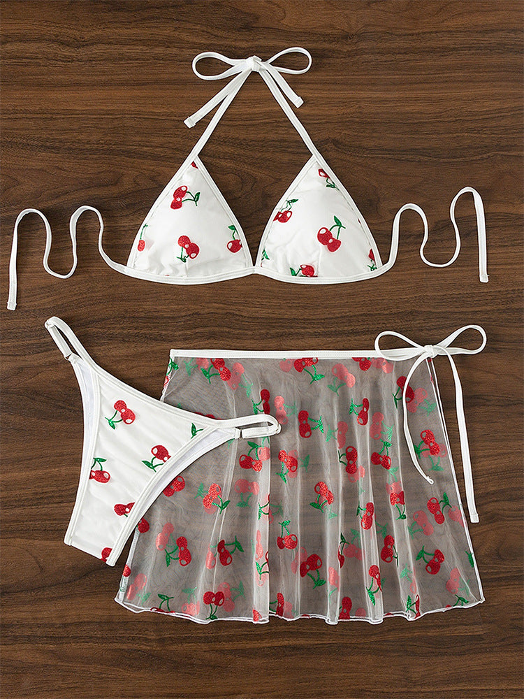 New Bikini Cross-border Explosion 3-Pack Cherry Print Bikini Transparent Mesh