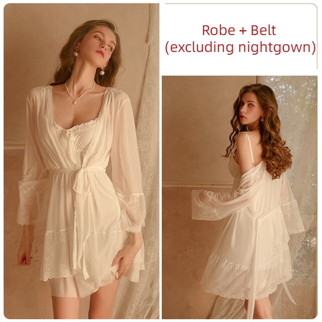 Spring 2022 Women's sexy Nightgown Robe Gauze Lace See-through Straps Nightdress Female Lingerie Home Dress Pajama White 1256