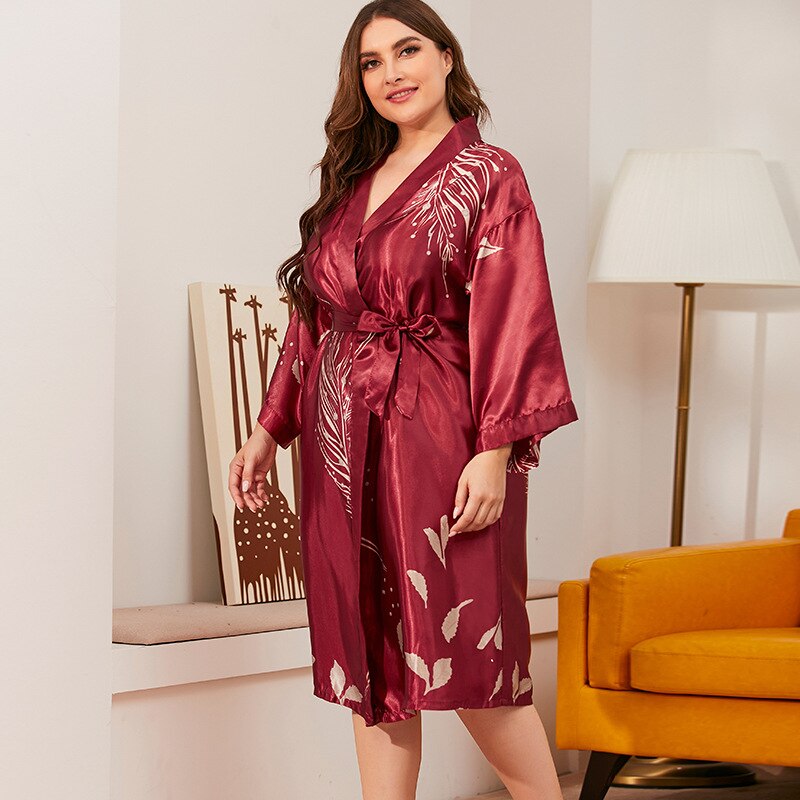 Burgundy Women Full Sleeve Summer Kimono Robe Bathrobe Satin Print  Nightdress Plus Size XL-3XL  Home Dress Sleepwear