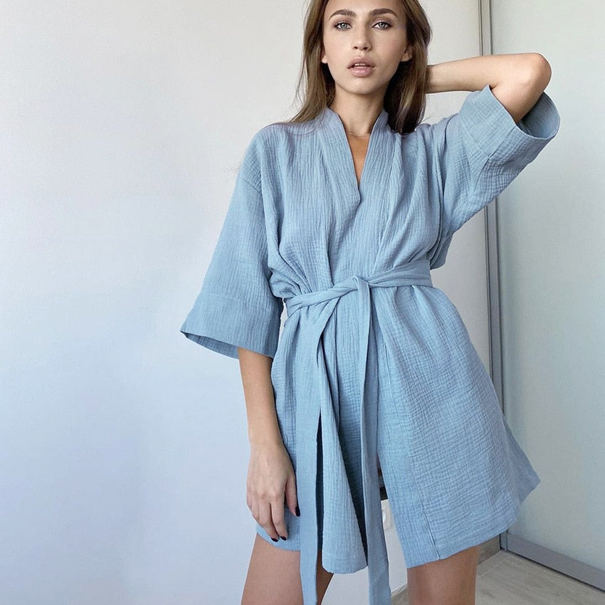Crape Cotton Robe Women's Nightwear Mini Bathrobes Lace Up Sleepwear Muslin Women'S Home Clothes Solid Color Robes Women Nightie