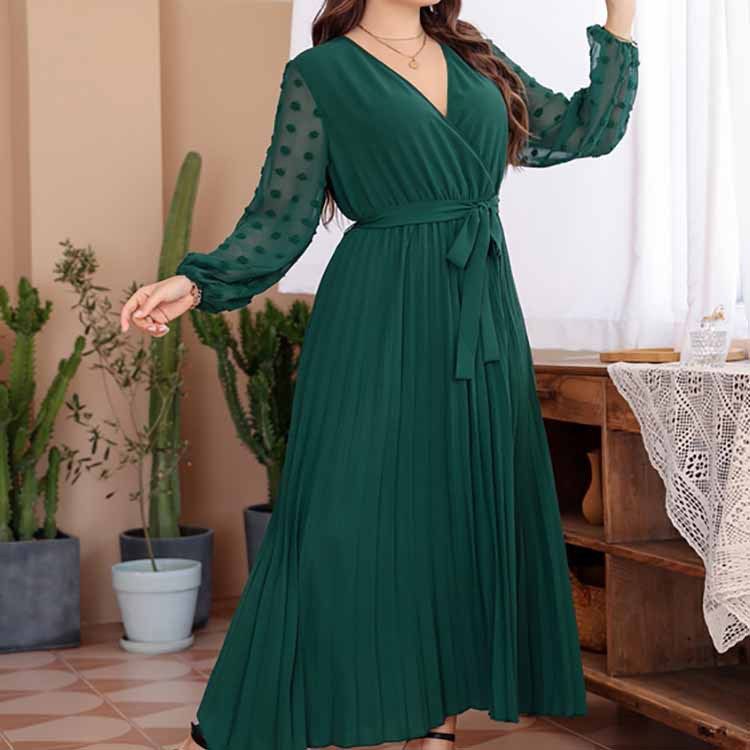 Middle East large size solid color 2023 European and American new elastic waist dress women's splicing