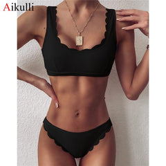 Solid Bikinis Push Up Swimwear Women 2021 Summer' Swimsuits Blue Scalloped Bathing Suit Female  Biquini  Set Bathers