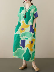 Women's summer new cotton and linen printed short-sleeved dress retro style age-reducing large size pullover V-neck mid-length skirt