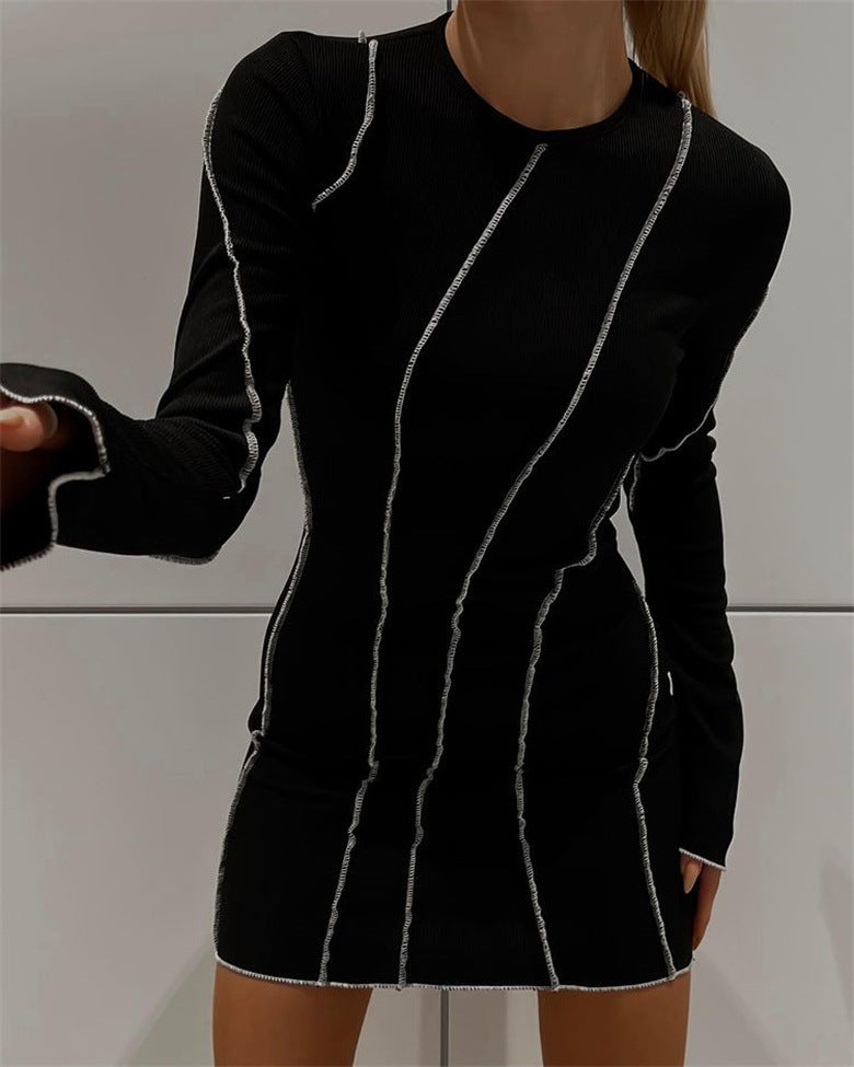 Sexy Club Rib Knit Y2K Mini Bodycon Party Women's Fall Stripe O-Neck Long Sleeve Fashion Dress 2023