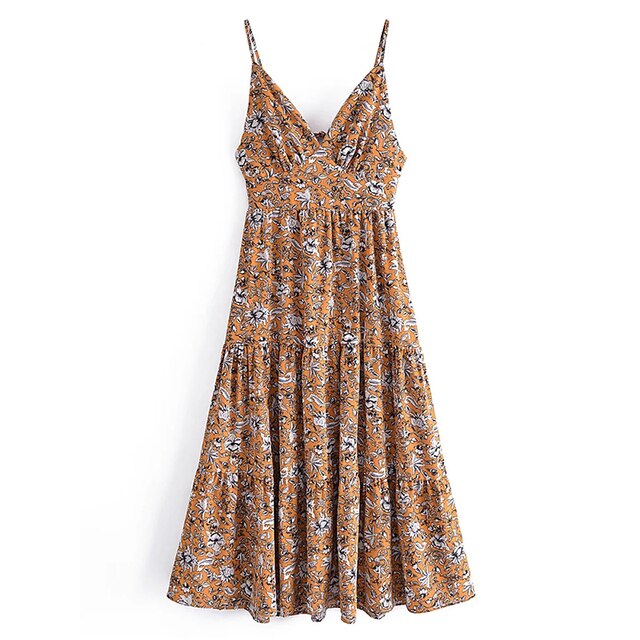 فستان نسائي بوهو ستايل مطبوع عليه زهور أنيق بياقة على شكل V بدون أكمام فستان حفلات بدون ظهر للسيدات فستان بحزام سباغيتي غير رسمي 