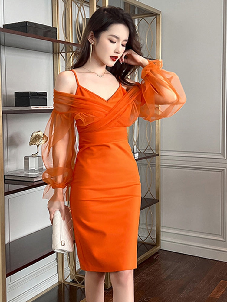 Chic Mesh Elegant Women Evening Dress Perspective Strap V-Neck Puff Sleeve Bodycon Slit Midi Robe Femme Vestidos Sexy Mujer Gown