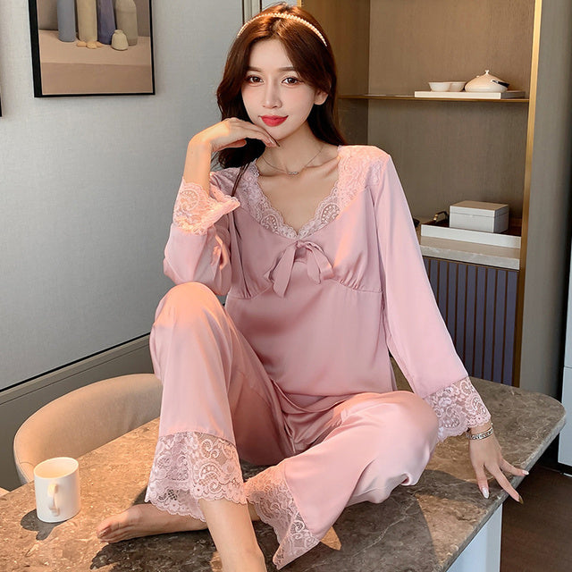 Ladies pajamas spring and autumn ice silk long-sleeved lace thin large size autumn pullover with chest pad home service set