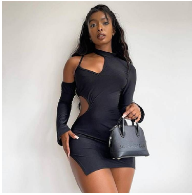 Sibybo Black Long Sleeve Cut Out Dress Women Side Split Bodycon Party Dresses Autumn Fashion Skinny Clubwear Mini Dress