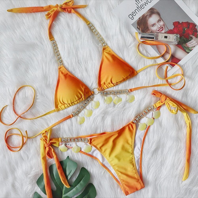 New Sexy Strap Gradient Print Female Split Swimsuit Luxury Crystal Diamond Bikini Shell Swimsuit