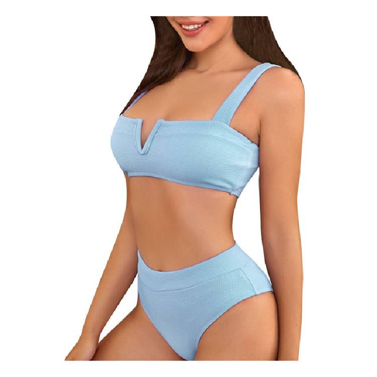 Women's High Breast Contrast Gradient Split Bikini Set One Piece Swimsuit Deep V Adjustable Shoulder Beachwear Bathing Suit