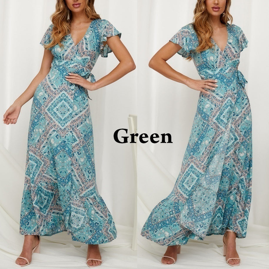 Women's Summer Flower Dress Short Sleeve Boho Maxi Dress Printed Flower Dress Maxi Beach Dress