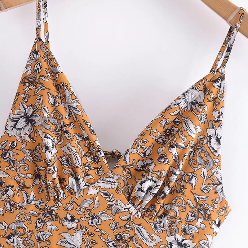 فستان نسائي بوهو ستايل مطبوع عليه زهور أنيق بياقة على شكل V بدون أكمام فستان حفلات بدون ظهر للسيدات فستان بحزام سباغيتي غير رسمي 