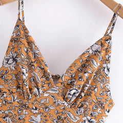 فستان نسائي بوهو ستايل مطبوع عليه زهور أنيق بياقة على شكل V بدون أكمام فستان حفلات بدون ظهر للسيدات فستان بحزام سباغيتي غير رسمي 