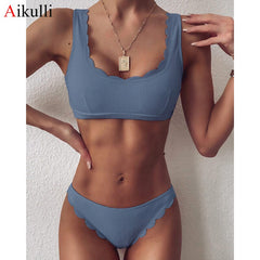 Solid Bikinis Push Up Swimwear Women 2021 Summer' Swimsuits Blue Scalloped Bathing Suit Female  Biquini  Set Bathers