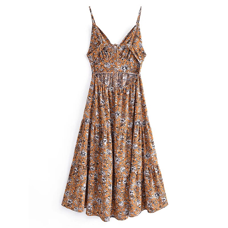 فستان نسائي بوهو ستايل مطبوع عليه زهور أنيق بياقة على شكل V بدون أكمام فستان حفلات بدون ظهر للسيدات فستان بحزام سباغيتي غير رسمي 