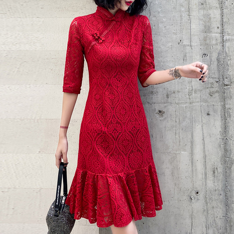 Ladies Short Mid Sleeve Lace Retro Cheongsam Dress LX269