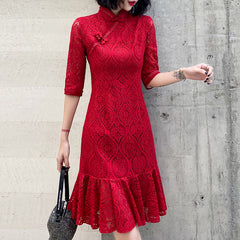 Ladies Short Mid Sleeve Lace Retro Cheongsam Dress LX269