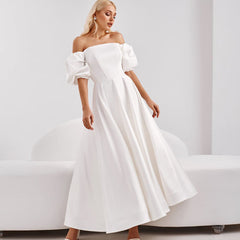 Mid-length skirt high waist temperament commuter white one-shoulder swing dress new style