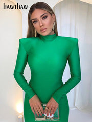 Wu Hao shoulder pad long sleeves Bodycon green party club Maxi long skirt 2022 Spring and Autumn women's fashion elegant clothing