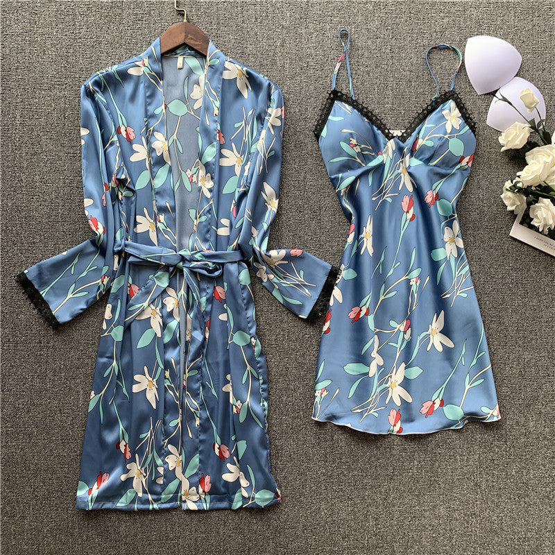 طقم بيجاما ساتان مكون من قطعتين فستان نوم وثوب نوم مثير بيجامة زهري ملابس نوم للنساء ملابس صالة ملابس نوم ملابس نوم مع وسادة صدر