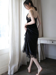 Women's Sexy Lingerie Lace Sling Long Dress Nightdress Deep V Cute Pajamas Sling Slit Nightgown