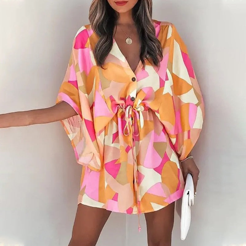 Fashion Batwing Sleeve Print Lace Up Mini Dress for Women Sexy V-Neck Casual Loose Boho Holiday Short Dresses Woman 2022 Summer