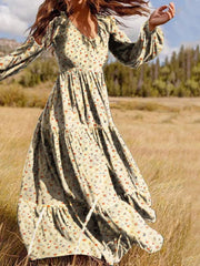 فستان صيفي بوهو نسائي للخريف مطبوع عليه زهور 2023 فستان طويل مكشكش فيستدو أنيق غير رسمي بأكمام منتفخة